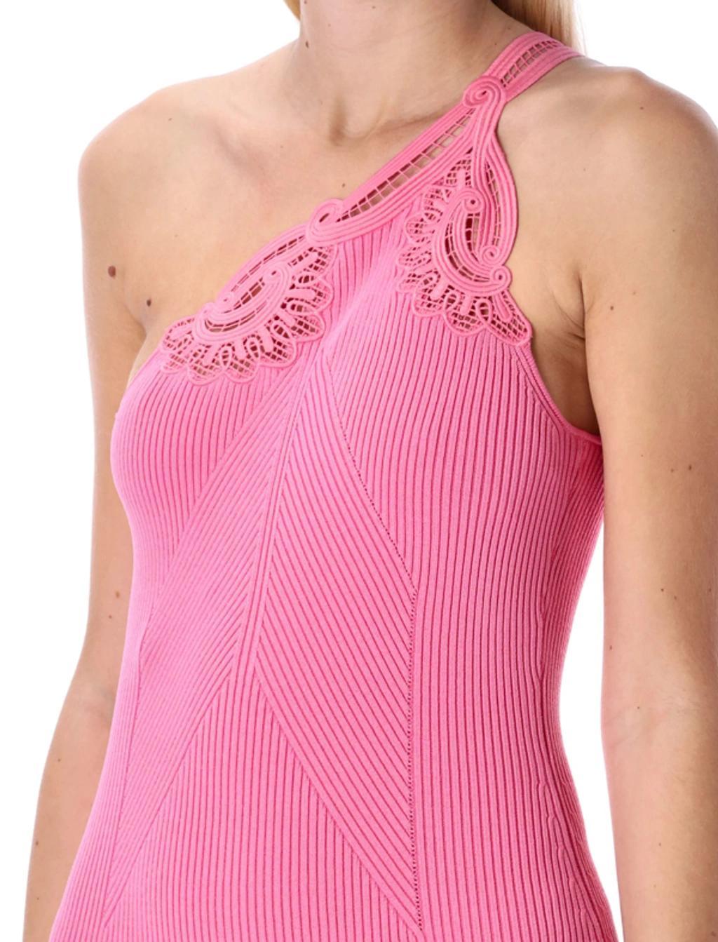 One-shoulder Crochet-trimmed Ribbed-knit Mini Dress In Pink Product Image