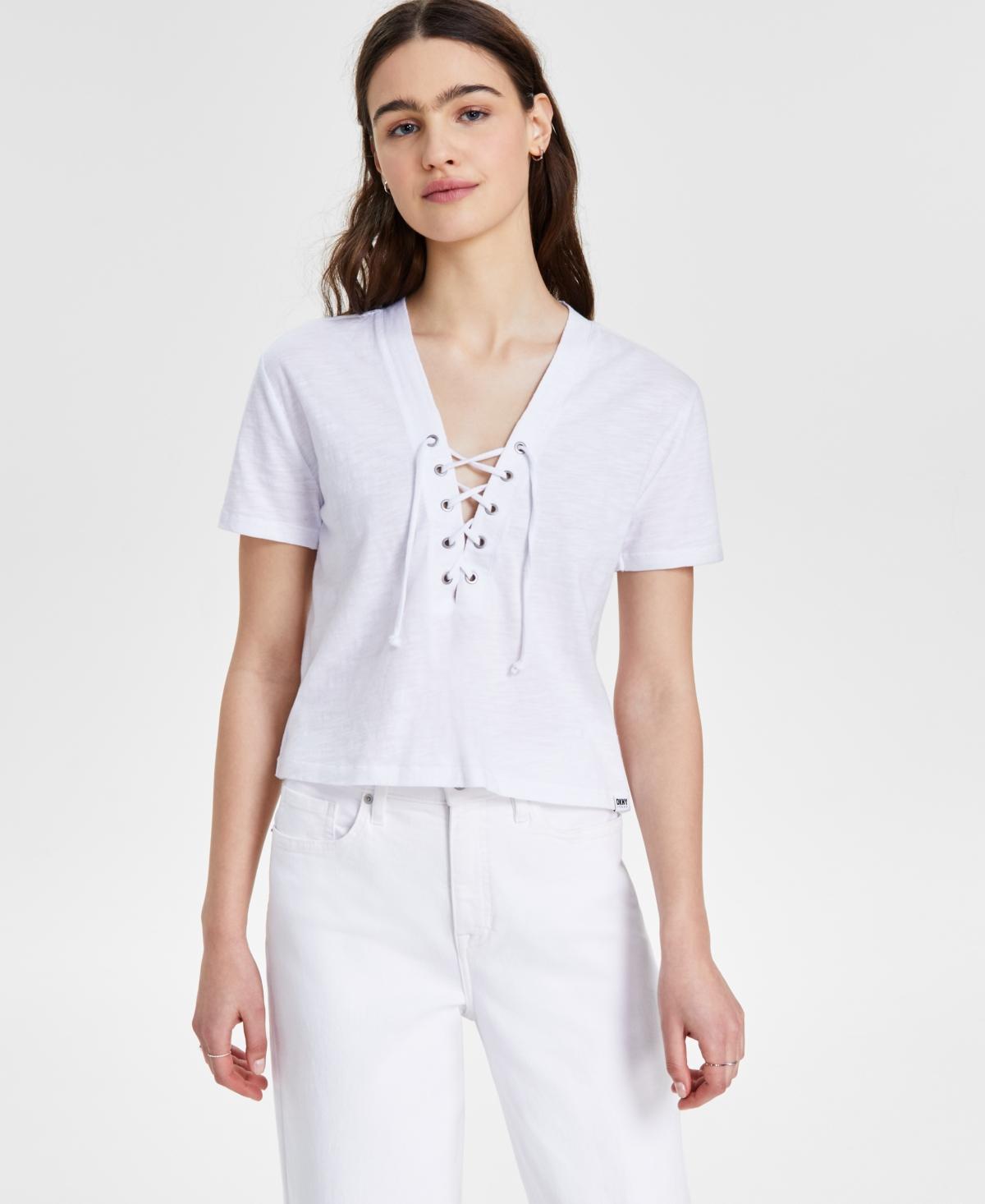 Dkny Jeans Womens Lace-Up V-Neck Short-Sleeve Tee Product Image