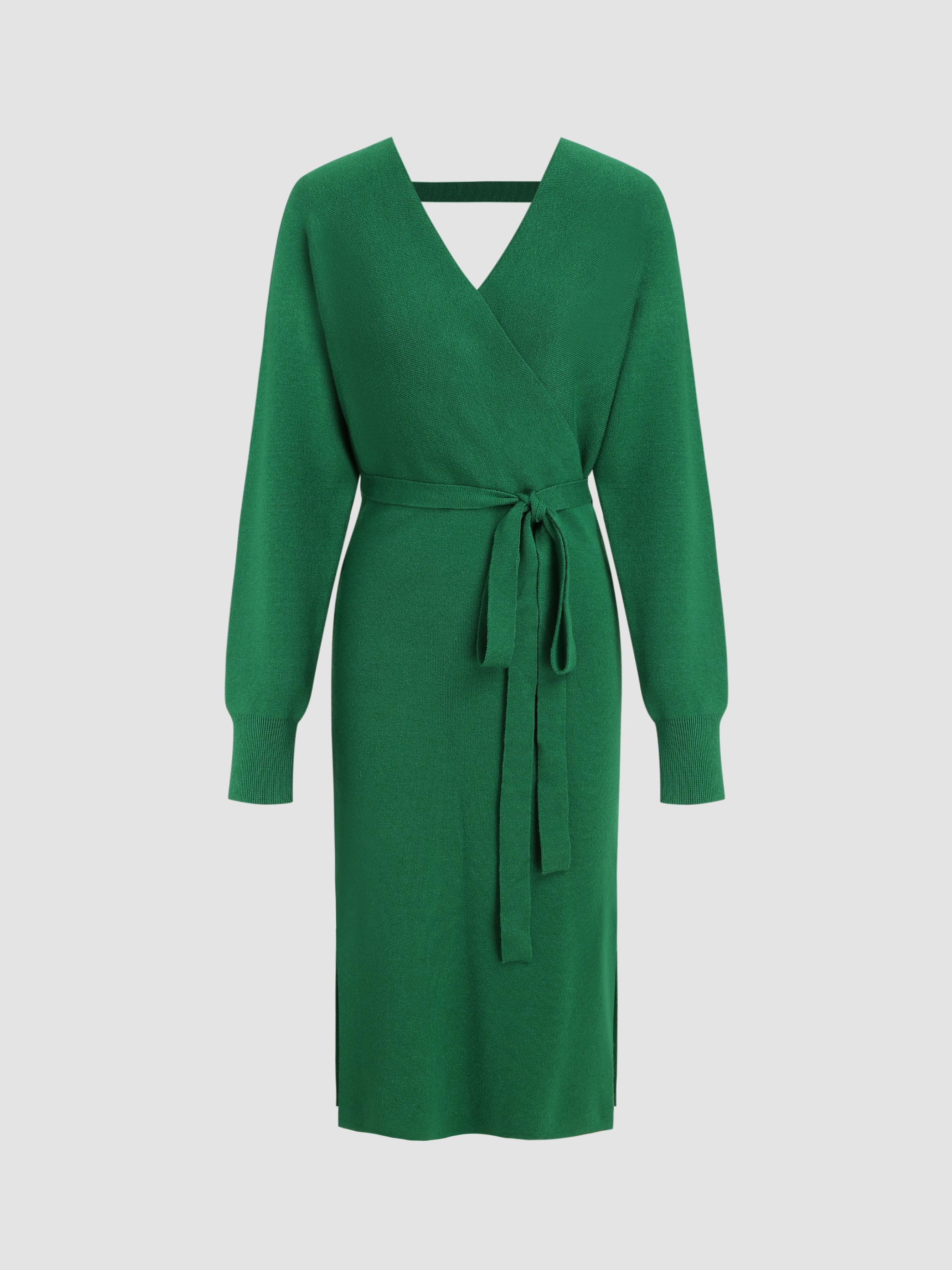 Knit V-neck Solid Split Belted Midi Wrap Dress Product Image