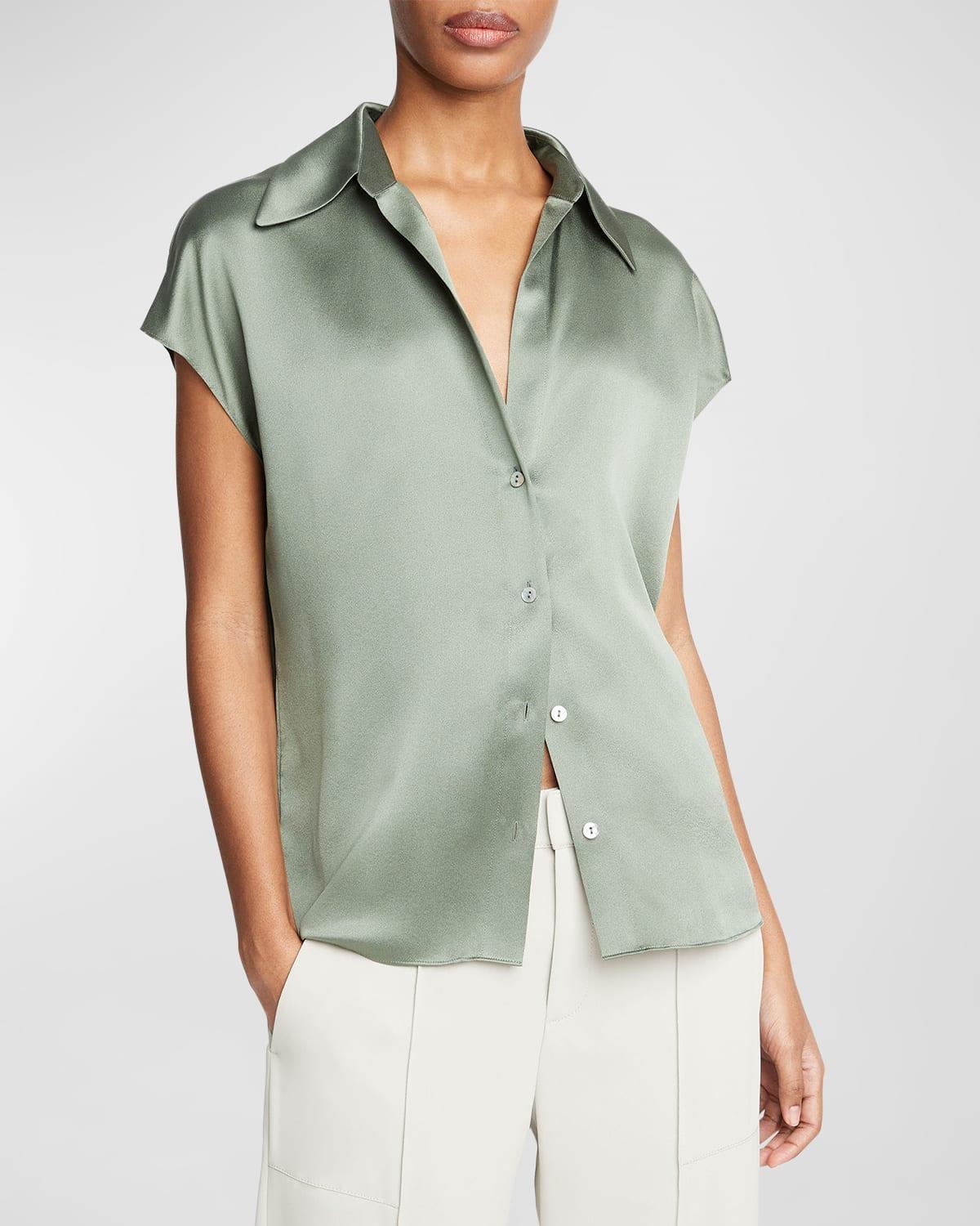 Vince Cap Sleeve Gathered Back Silk Blouse Product Image