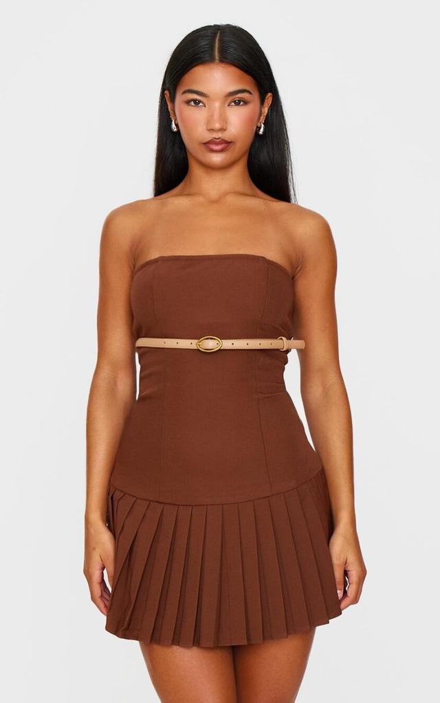 Chocolate Brown Belted Pleated Skirt Bodycon Dress Product Image