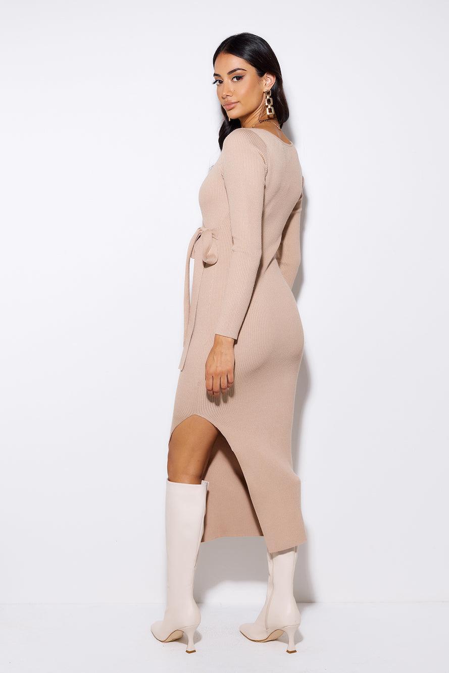 Season Style Ribbed Midi Dress Beige Product Image