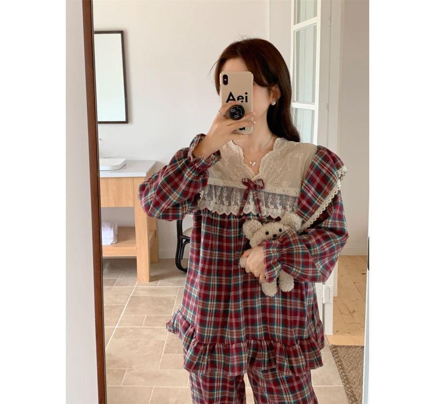 Couple Matching Plaid Pajama Shirt / Pants / Long-Sleeve Lace Trim Pajama Top / Set Product Image