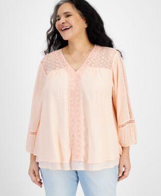 Plus Size Lace-Trim Long-Sleeve Top, Created for Macy's Product Image