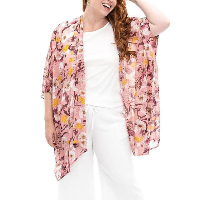 Womens Nina Leonard Floral Open-Front Kimono, Dark Pink Product Image