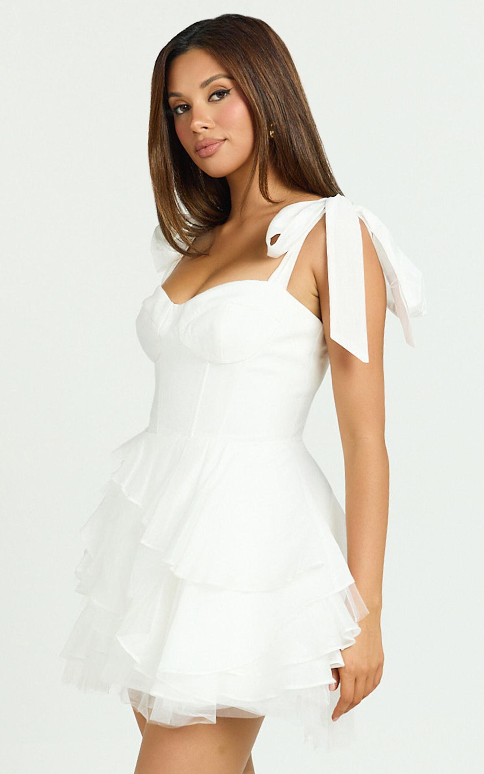 Arianne Mini Dress - Corset Bodice Ruffle Tier Dress in Cream Product Image