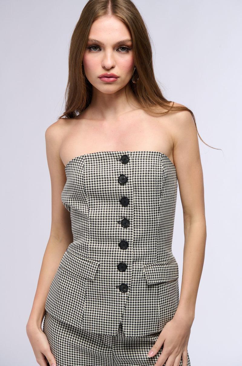 BUSINESS CASUAL HOUNDSTOOTH BUTTON DOWN TUBE BLOUSE Product Image