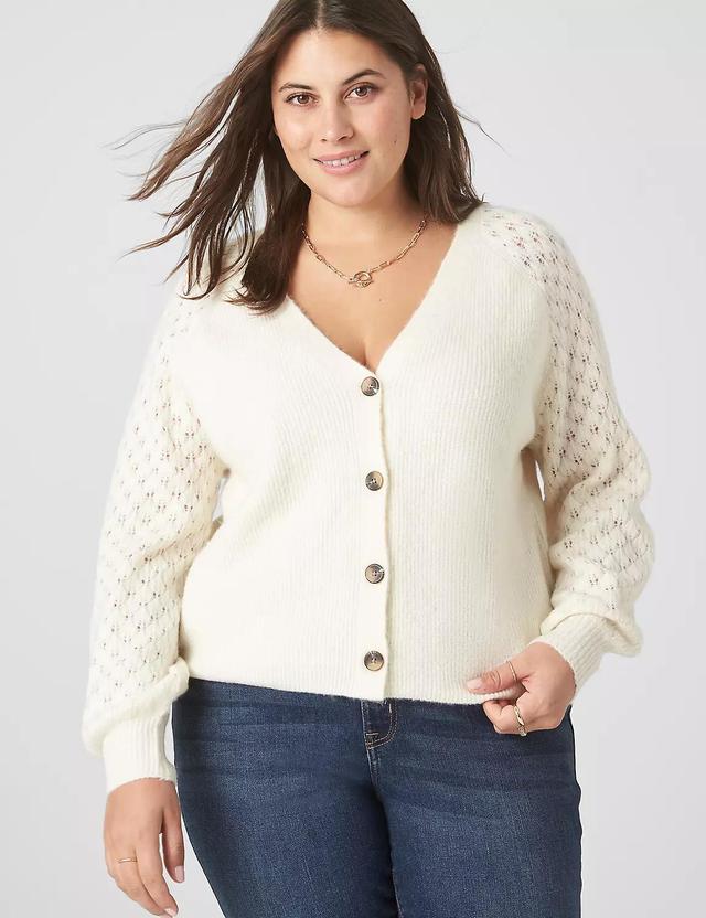 Classic Long-Sleeve Button-Front Pointelle-Sleeve Cardigan Product Image