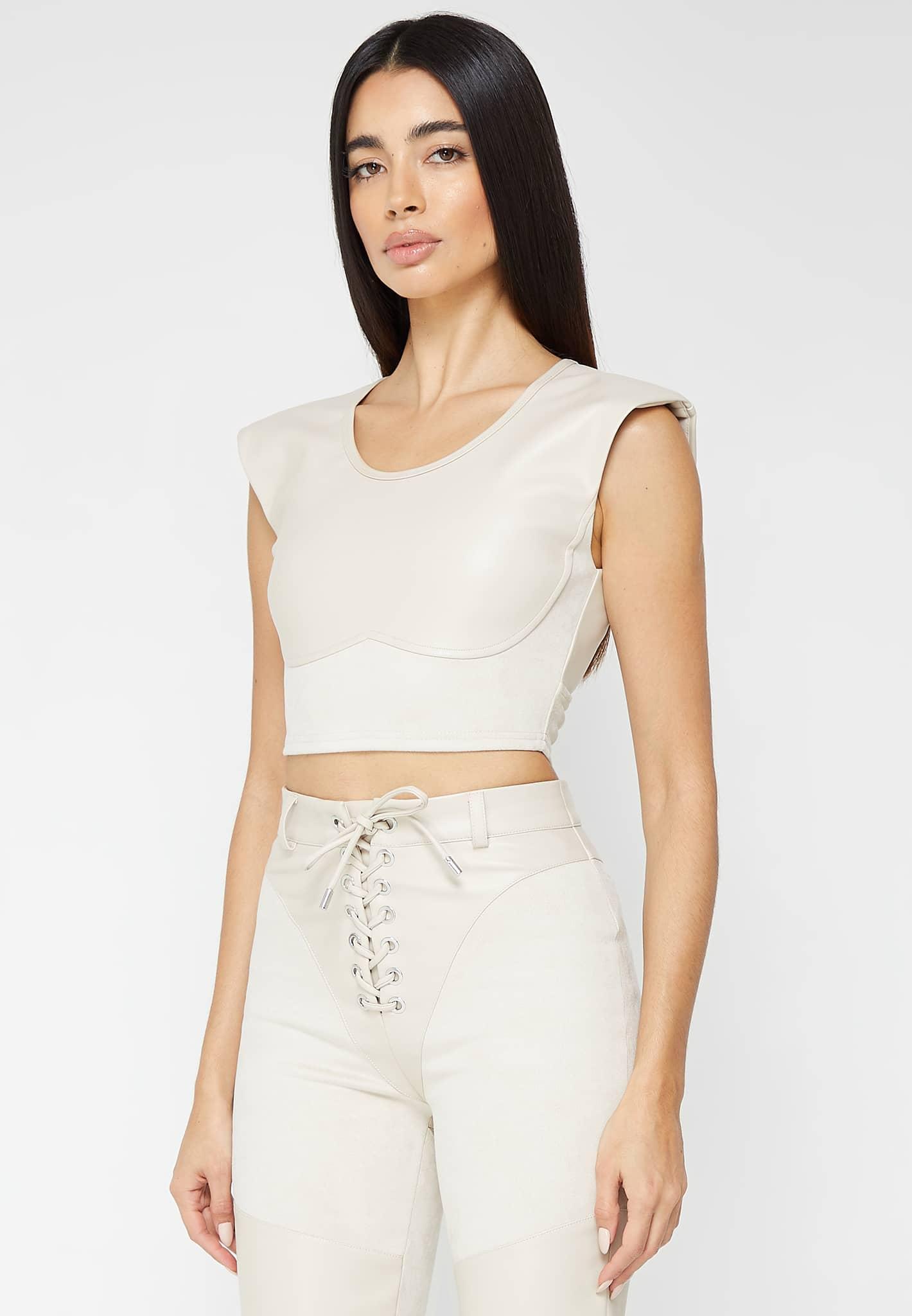 Wide Shoulder Leather and Suede Crop Top - Beige Female Product Image