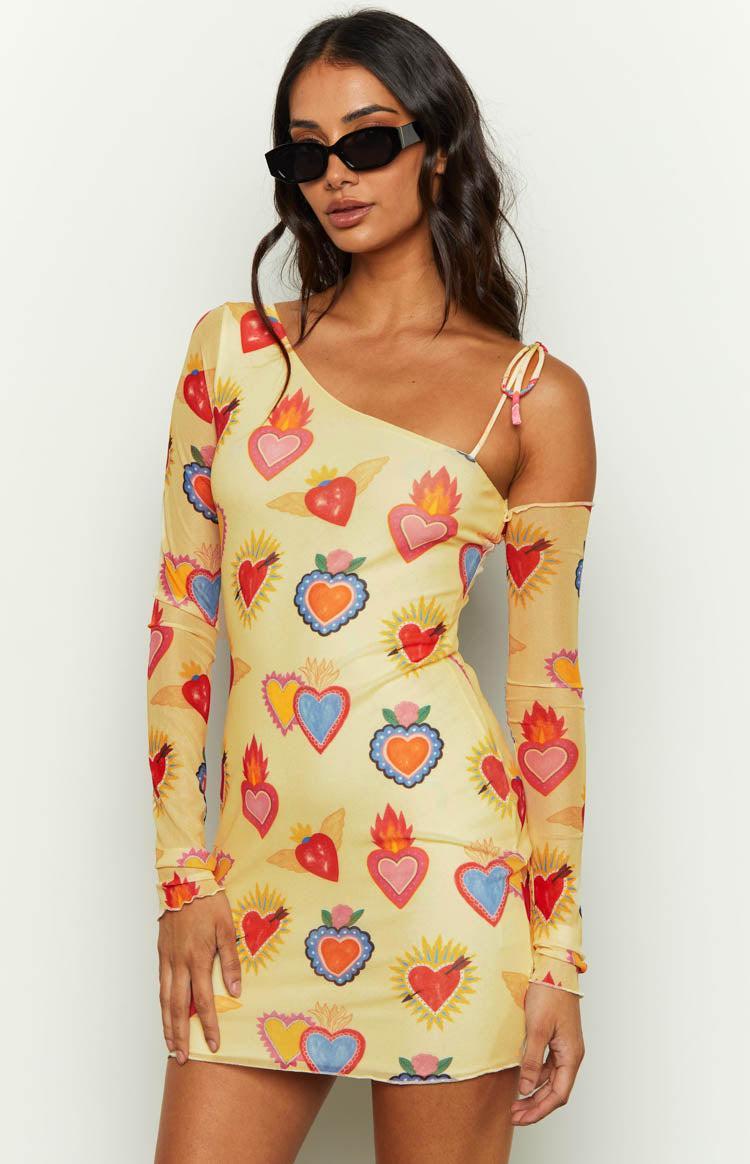 Wild At Heart Yellow Printed Mesh Long Sleeve Mini Dress Product Image