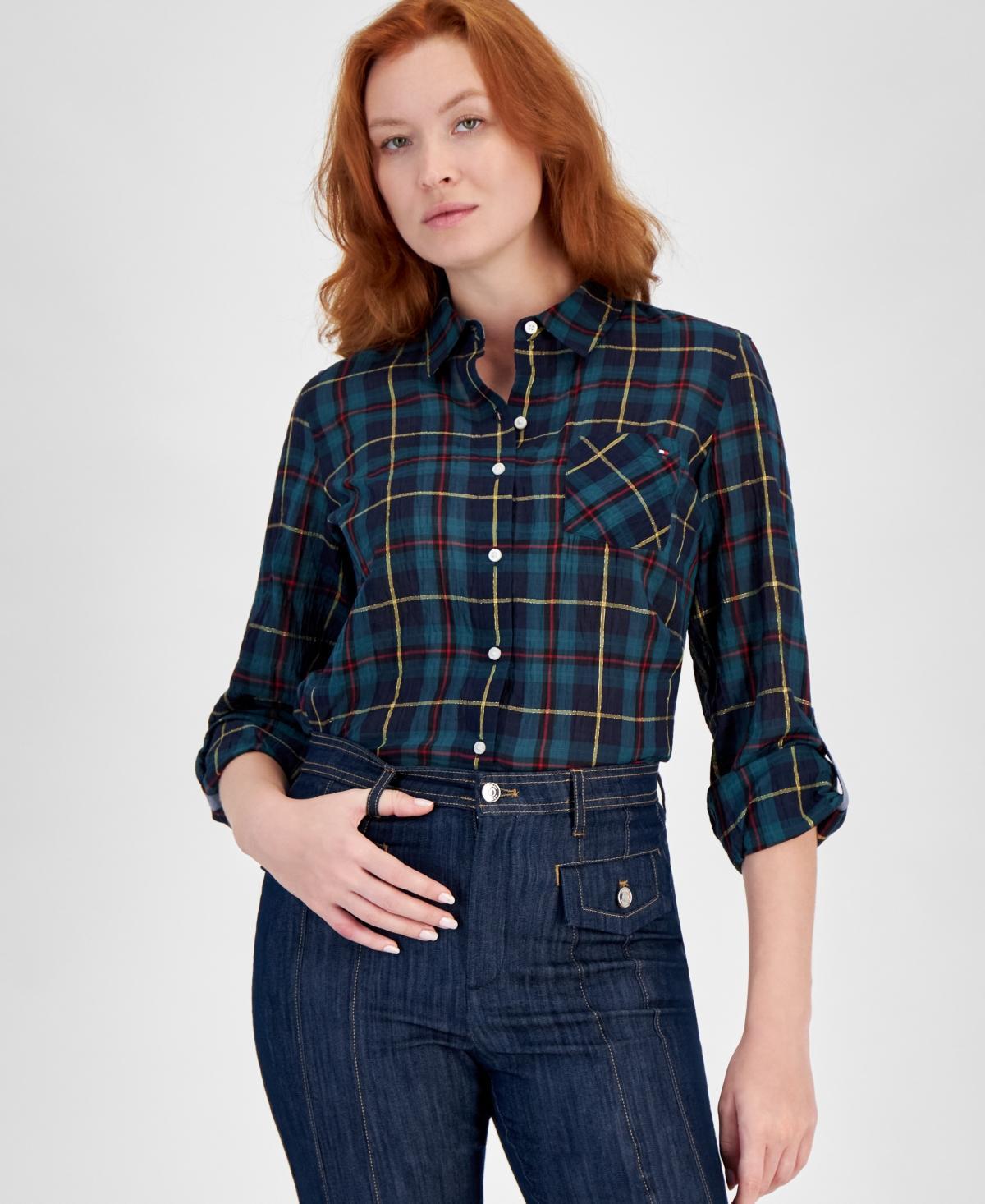 Tommy Hilfiger Womens Plaid Roll-Tab-Sleeve Button-Down Shirt Product Image