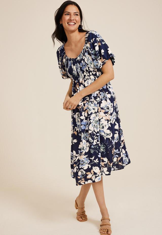 Floral Sweetheart Neck Bubble Short Sleeve Midi Dress Product Image