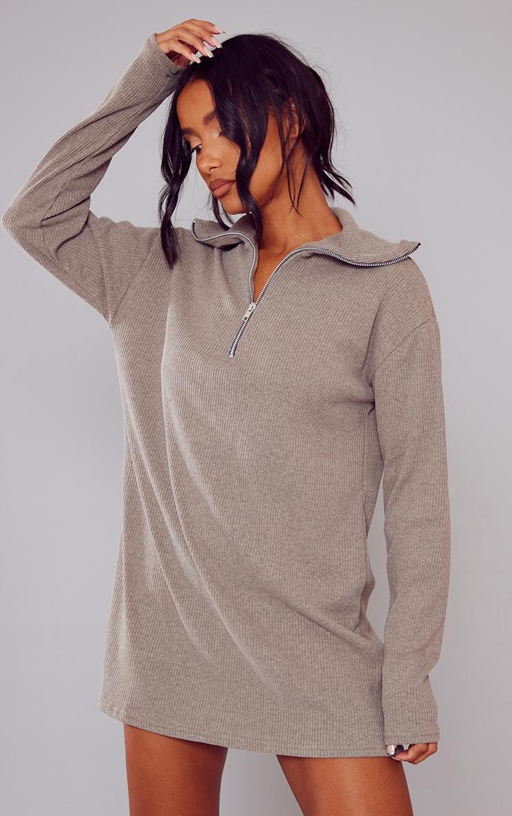 Sage Khaki Rib High Neck Half Zip Oversized Sweater Dress Product Image