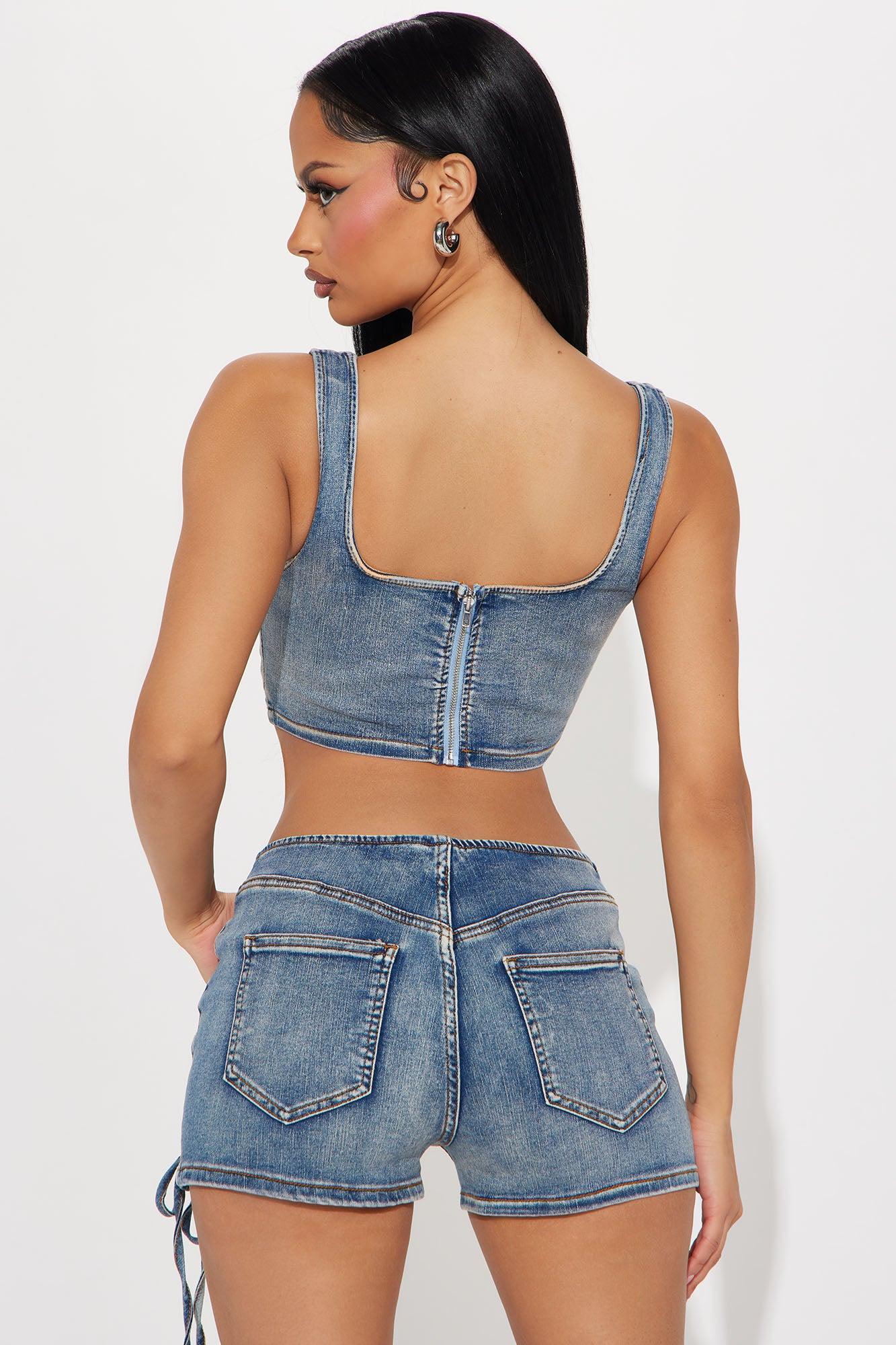 By The Way Cropped Corset Denim Top - Medium Wash Product Image