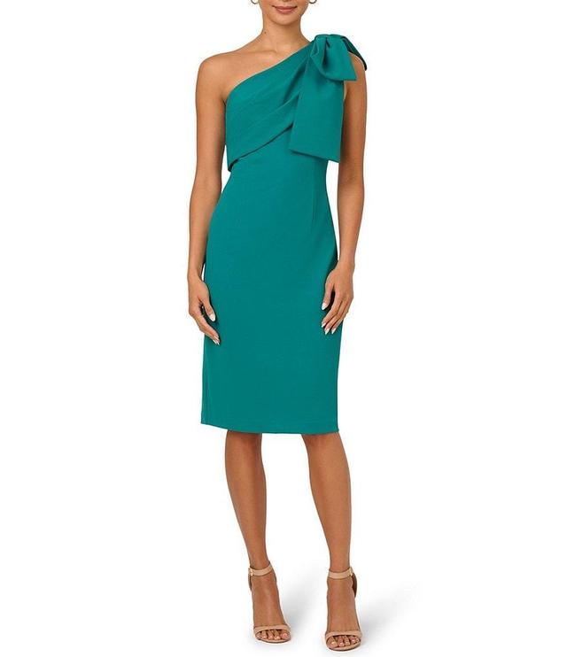 Adrianna Papell Stretch Crepe One Shoulder Sleeveless Bow Sheath Dress Product Image