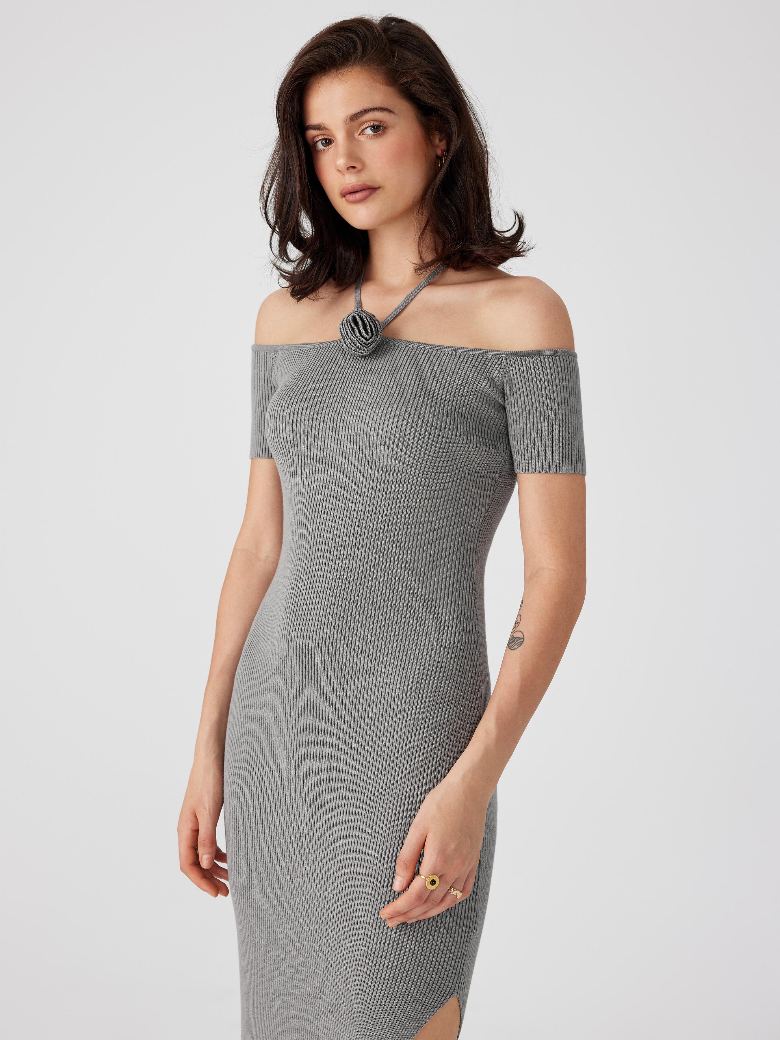 Knit Rosette Split Off-shoulder Midi Dress Product Image