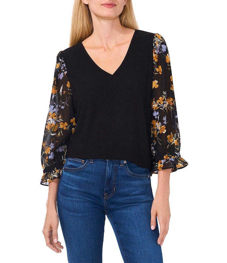 CeCe V-Neck 3/4 Floral Sleeve Blouse product image