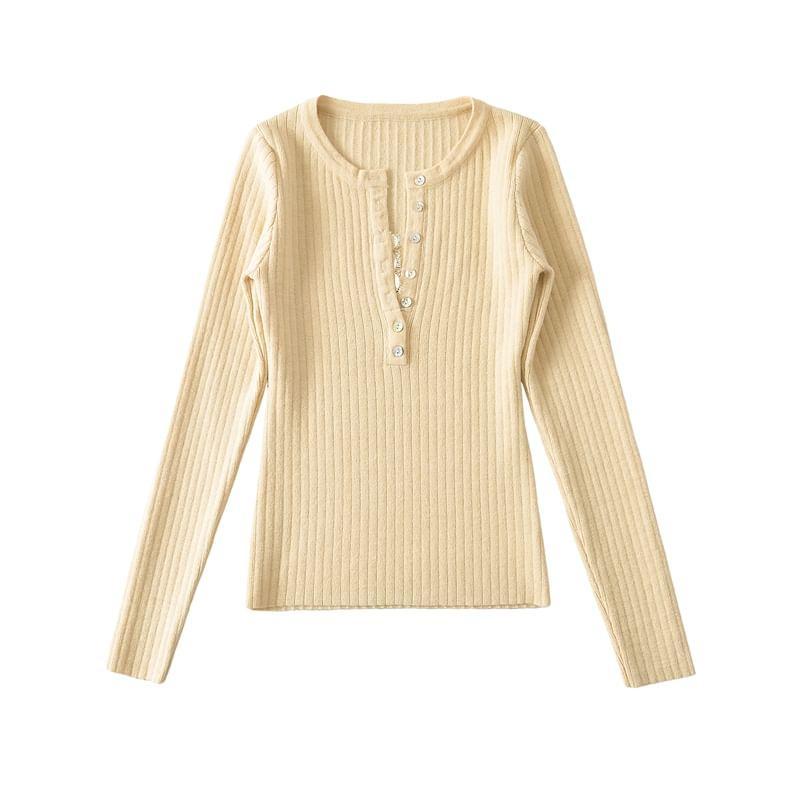 Long Sleeve Henley Neck Plain Ribbed Knit Crop Top Product Image