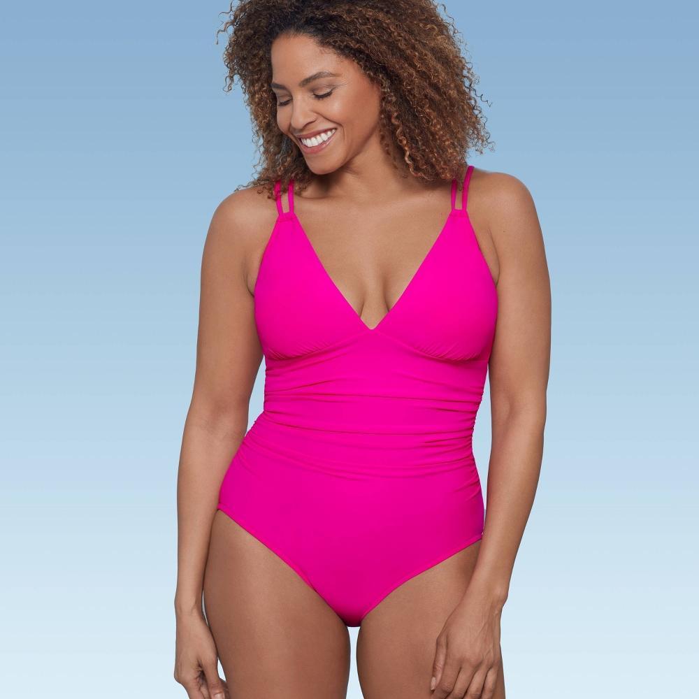 Womens UPF 50 V-Neck Shirred One Piece Swimsuit - Aqua Pink Product Image