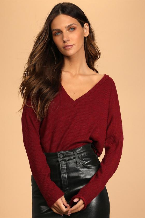 Just Vibing Wine Red Ribbed V-Neck Sweater Top Product Image