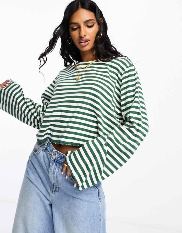 ASOS DESIGN lettuce hem long sleeve t-shirt in green stripe Product Image