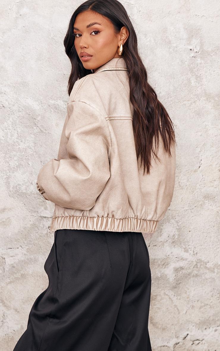 Taupe Distressed Faux Leather Zip Up Bomber Jacket Product Image