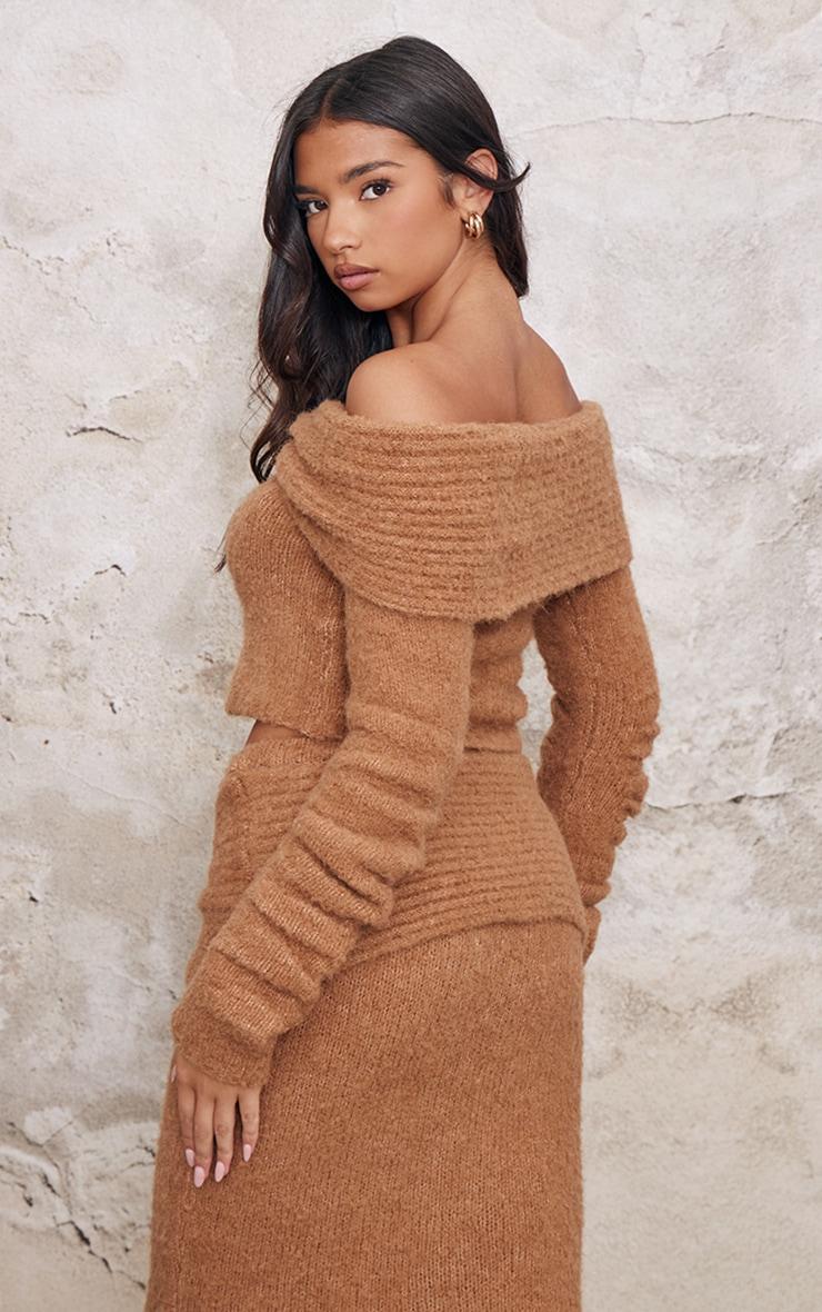 Mocha Soft Bobble Knit Bardot Foldover Top Product Image