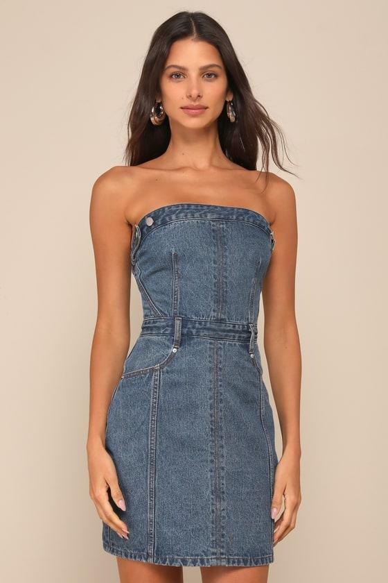 Iconic Spirit Medium Wash Denim Strapless Mini Dress Product Image