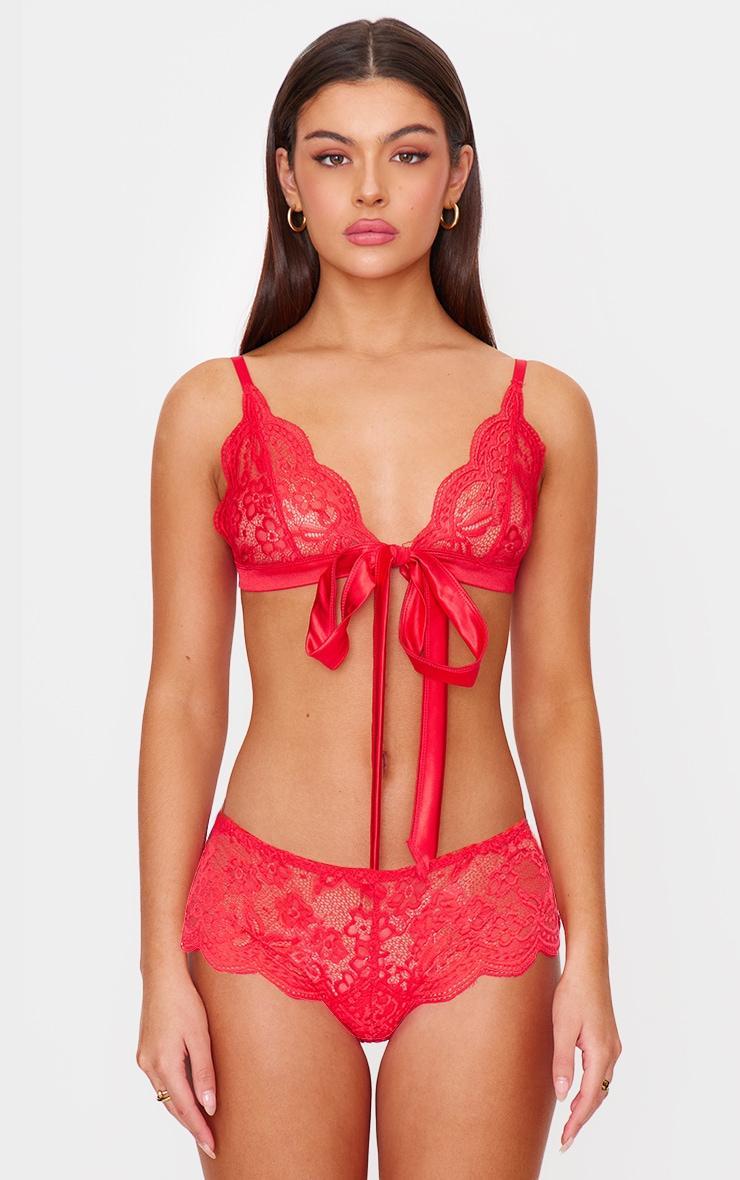 Red Lace Ribbon Tie Lingerie Set Product Image