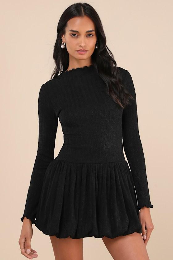 Approachably Adorable Black Ribbed Bubble Hem Mini Dress Product Image