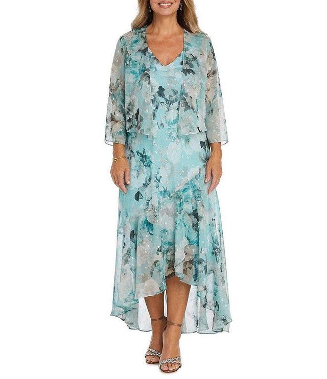 R & M Richards Floral Print Chiffon V-Neck Tiered Ruffled High-Low Hem 3/4 Sleeve 2-Piece Jacket Dress Product Image