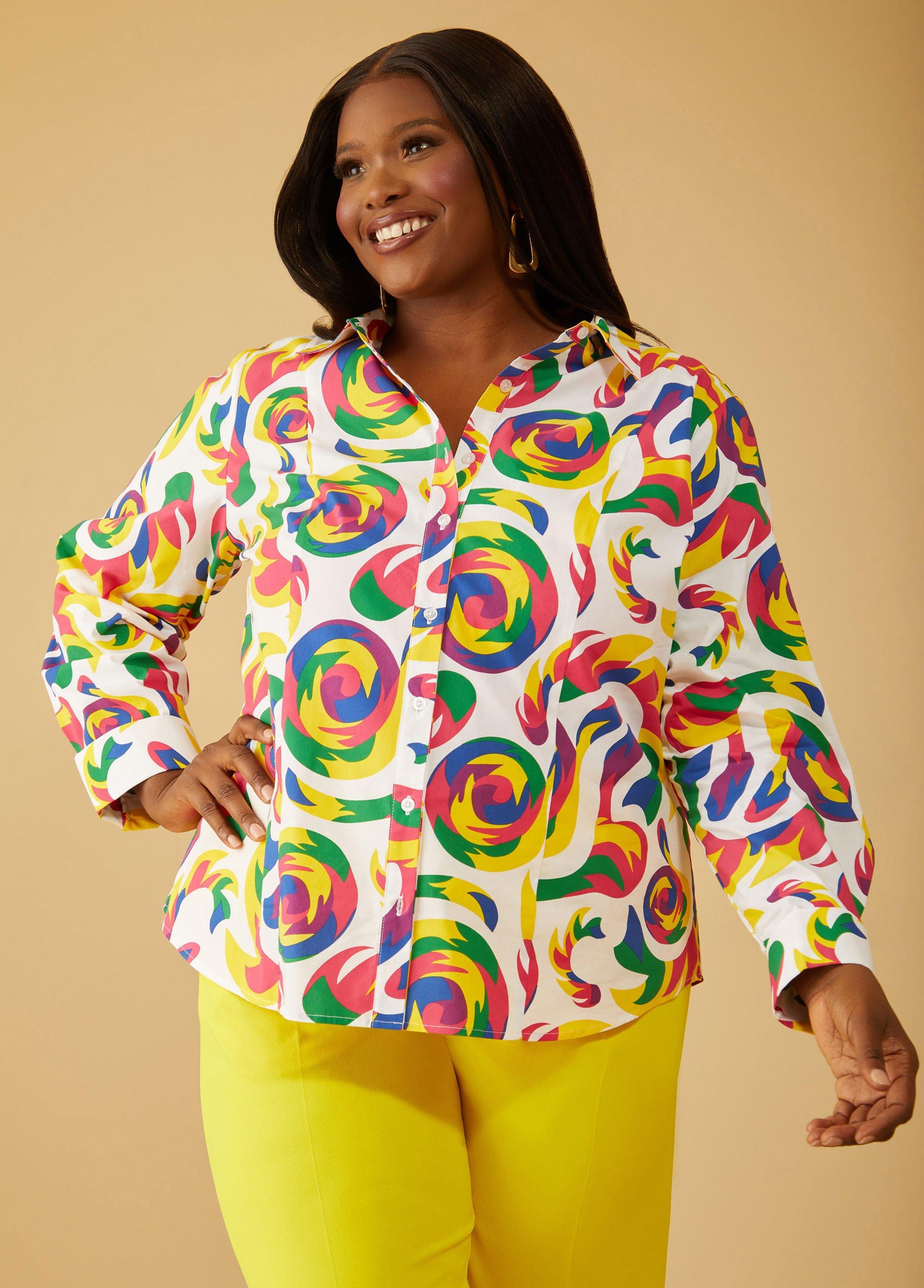 Plus Size Swirl Print Collared Shirt Ashley Stewart Product Image