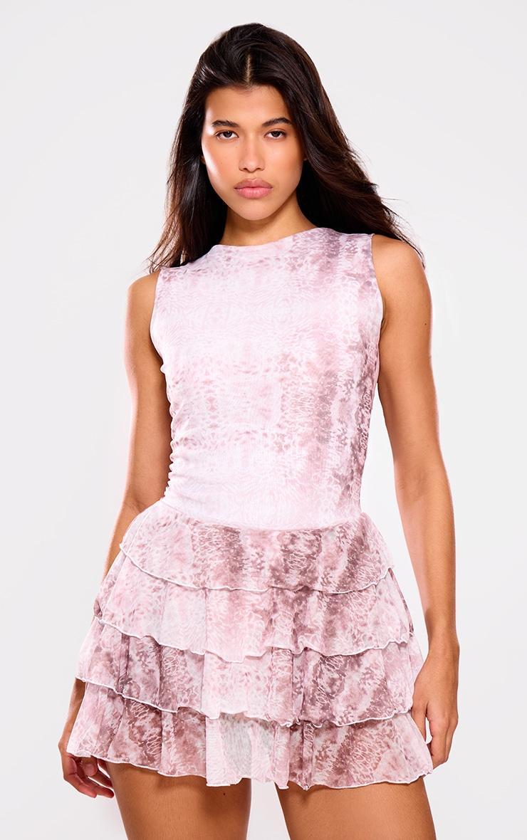 Snake Print Tiered Ruffle Crew Neck Mini Dress product image