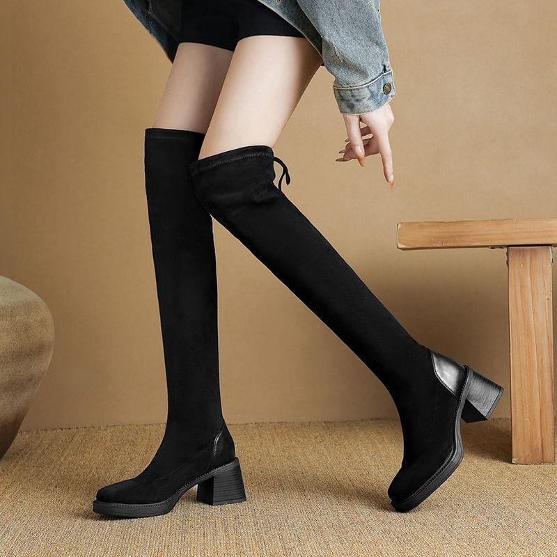 Square Toe Platform Faux Suede Block Heel Over The Knee Boots Product Image