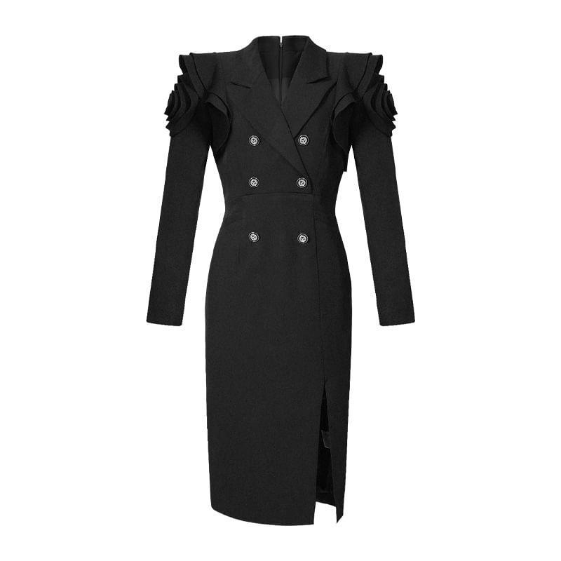 Peak Lapel Plain Ruffle Trim Slit Double-Breasted Sheath Blazer Dress Product Image