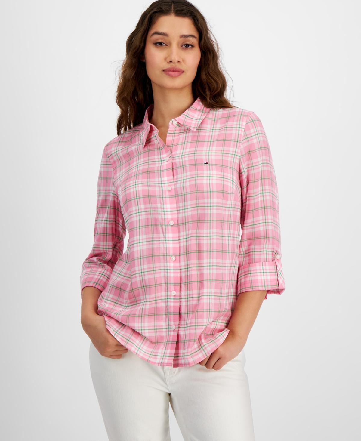 Tommy Hilfiger Womens Plaid Parker Roll-Tab-Sleeve Button-Down Top Product Image