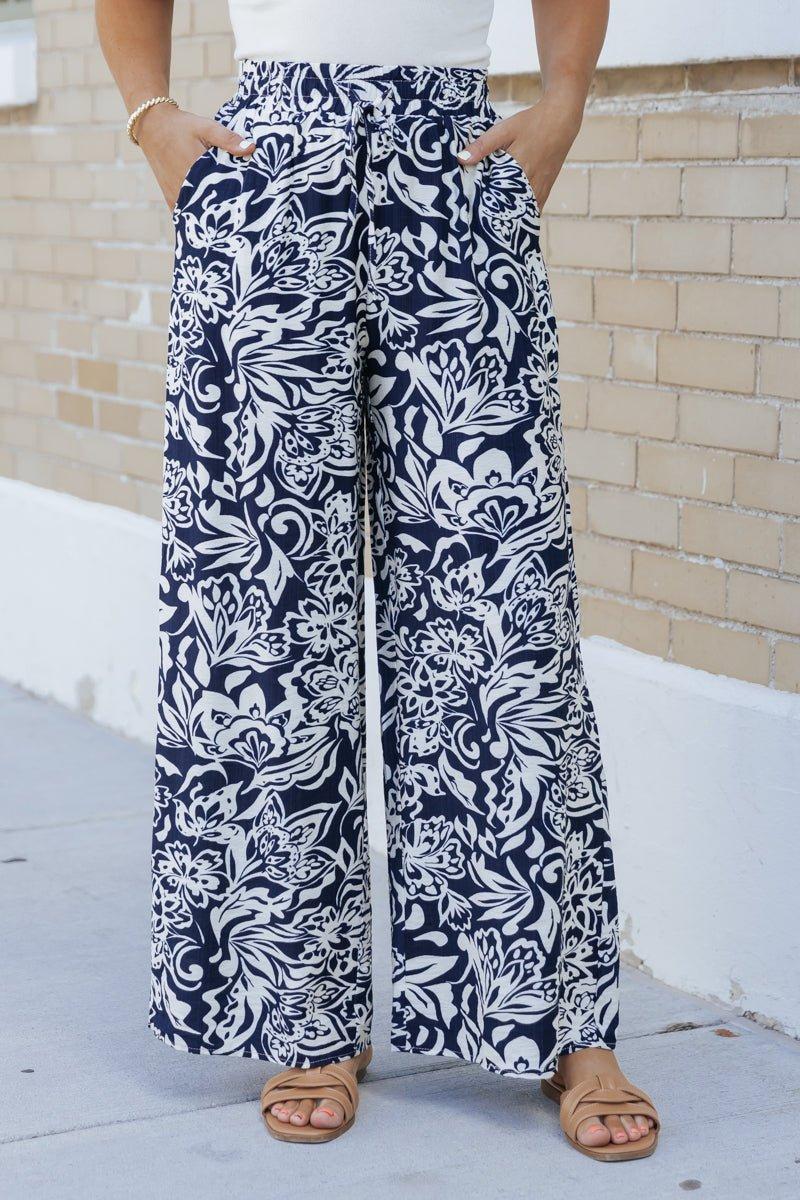 Navy Print Elastic Waist Wide Leg Pants - FINAL SALE Product Image