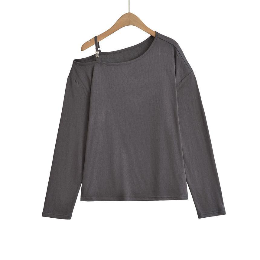 Long Sleeve Cold-Shoulder Plain Loose-Fit Pullover Product Image