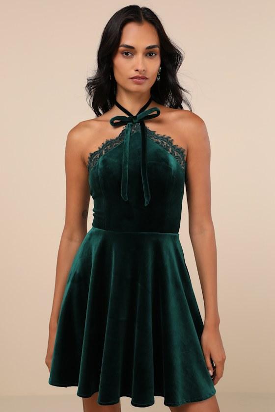 Ever So Charming Emerald Velvet Lace Halter Skater Mini Dress Product Image