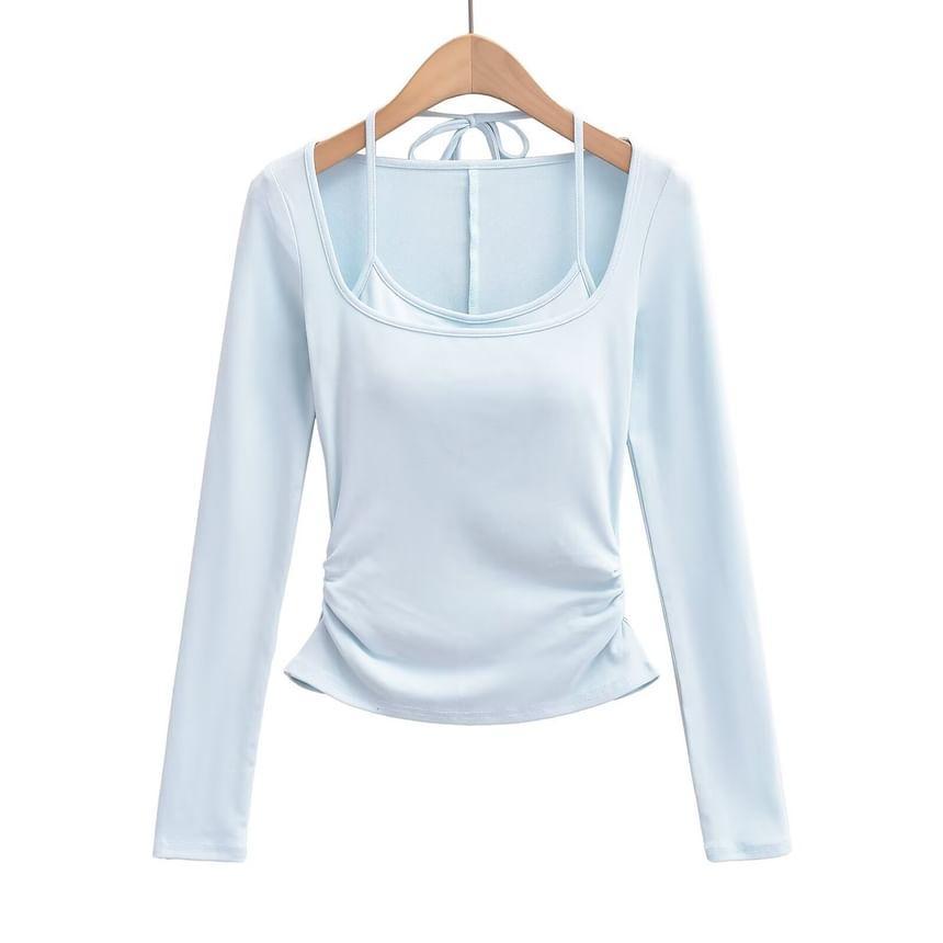 Long Sleeve Halter Plain Mock Two Piece Ruched Padded T-Shirt Product Image