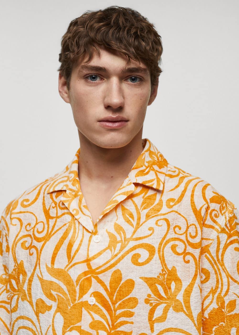 MANGO MAN - Printed texture cotton shirt yellowMen Product Image