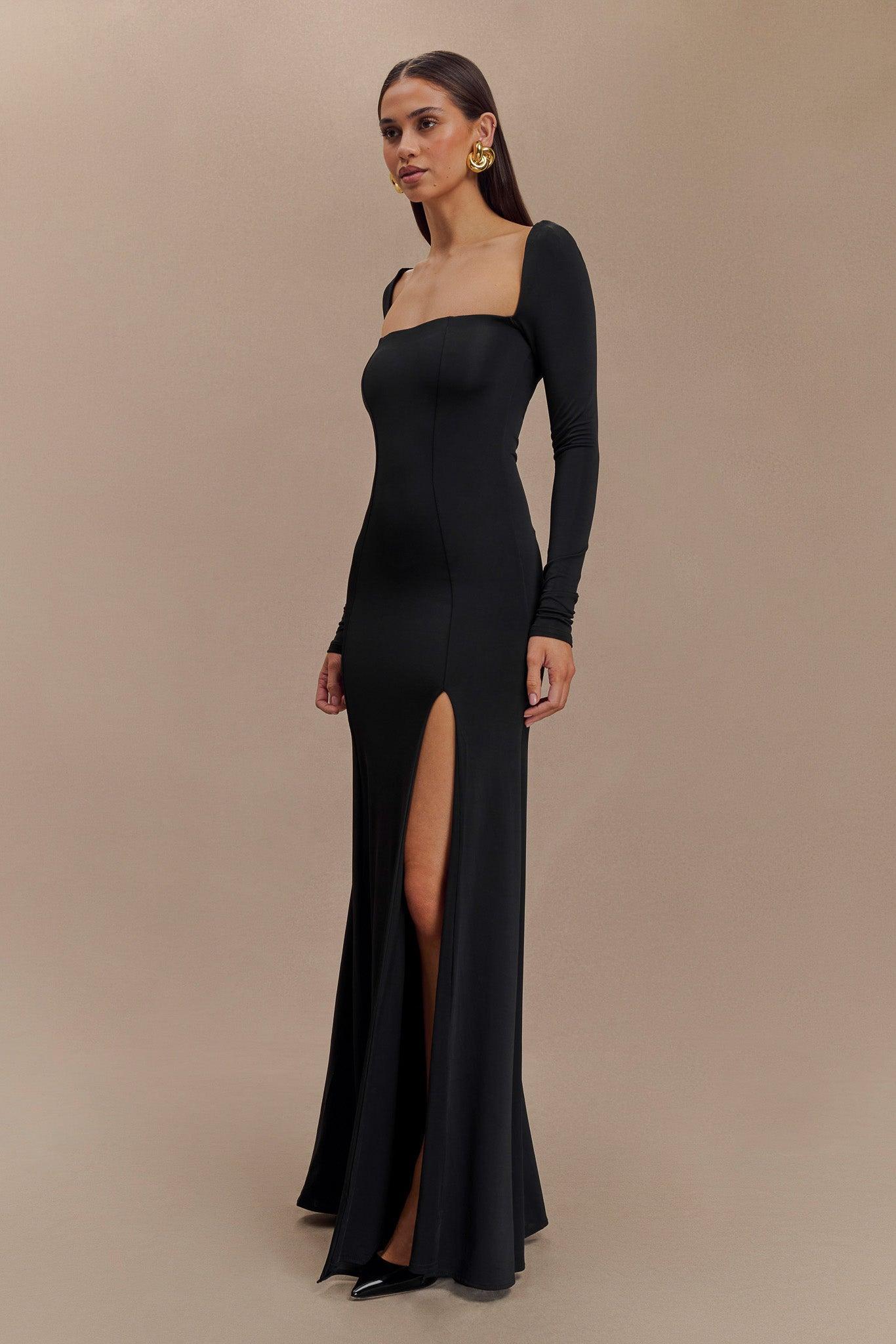 Desirie Slinky Long Sleeve Maxi Dress With Split - Black Product Image