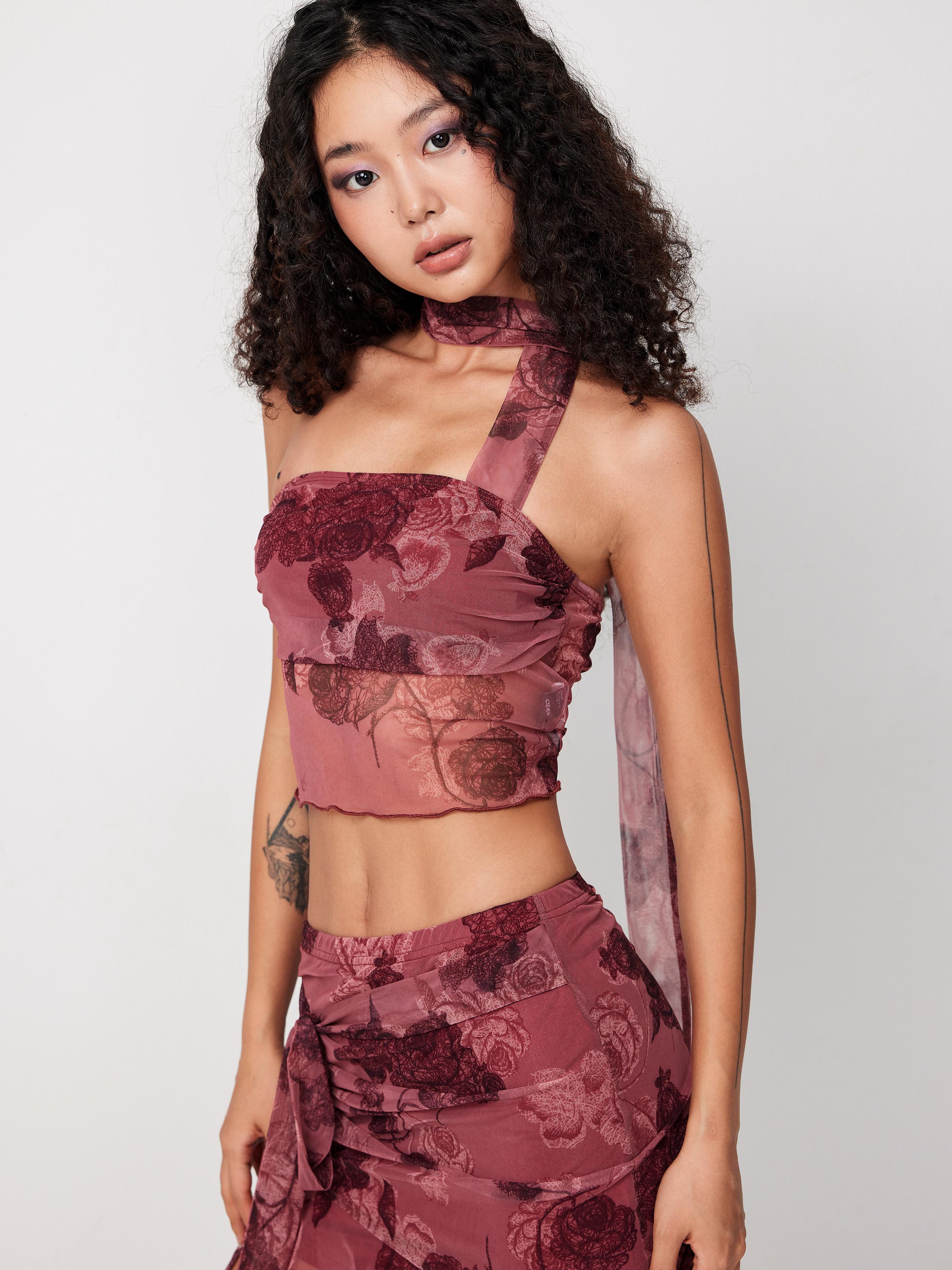 Floral Halter Sheer Crop Tube Top Product Image