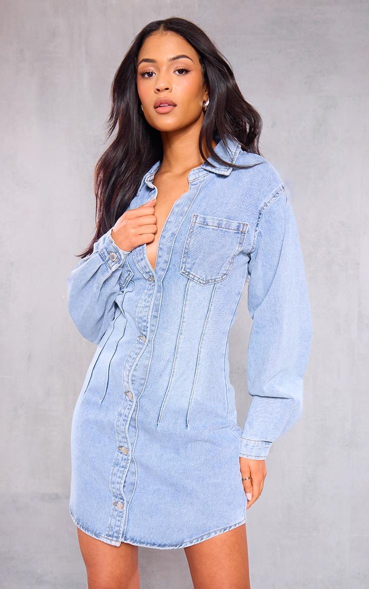 Tall Mid Blue Wash Denim Oversized Shirt Dress Product Image