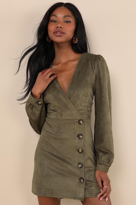 Chicest Aura Olive Green Suede Surplice Long Sleeve Mini Dress Product Image