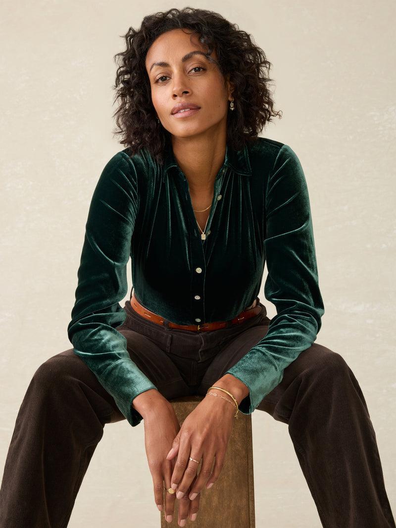 Stretch Silk Velvet Genevieve Shirt - Sea Moss Product Image