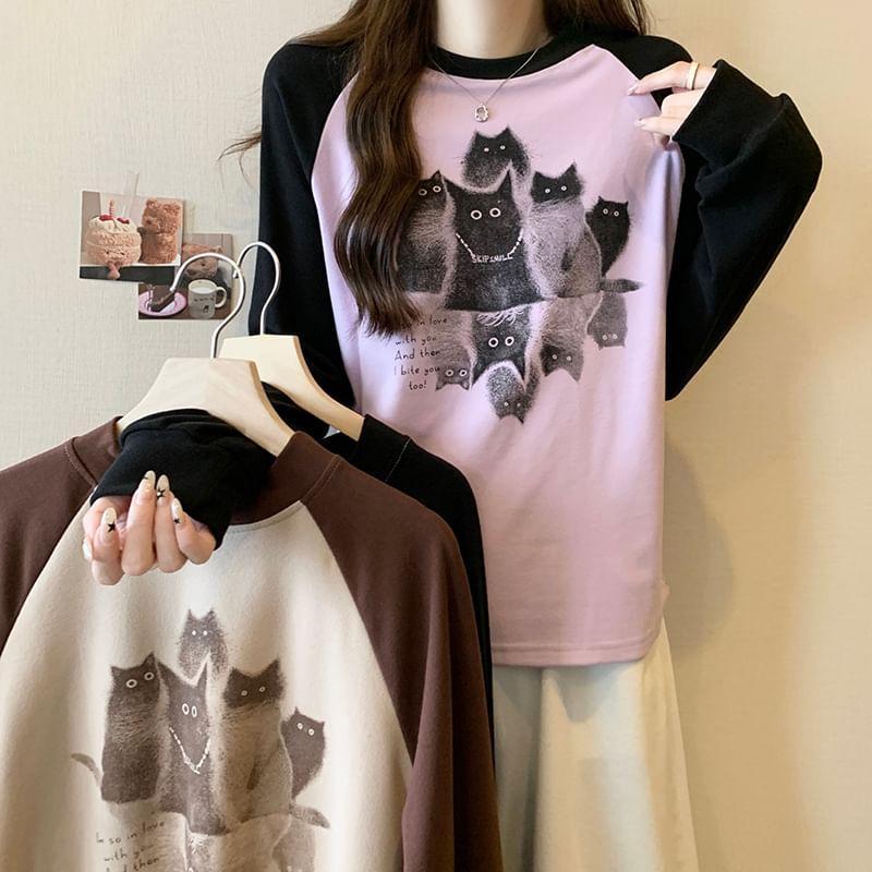 Long-Sleeve Round Neck Cat Print Raglan T-Shirt Product Image