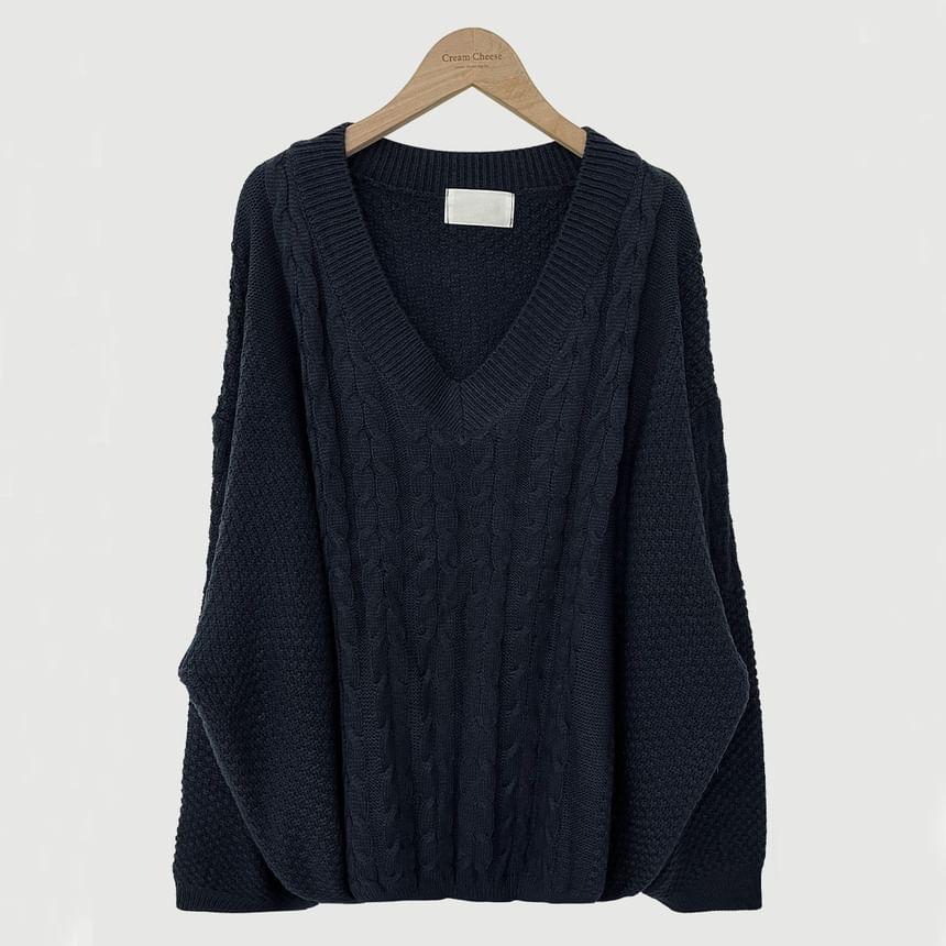 Long Sleeve V-Neck Plain Cable-Knit Loose-Fit Sweater Product Image