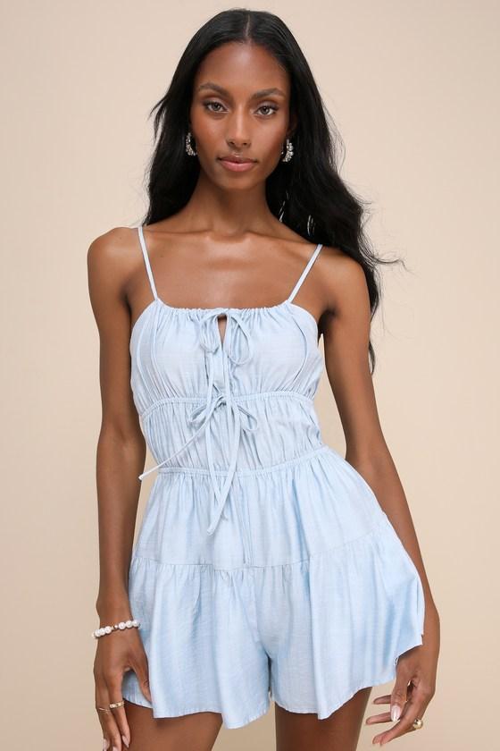 Flirty Cuteness Light Blue Tiered Sleeveless Bow Romper Product Image