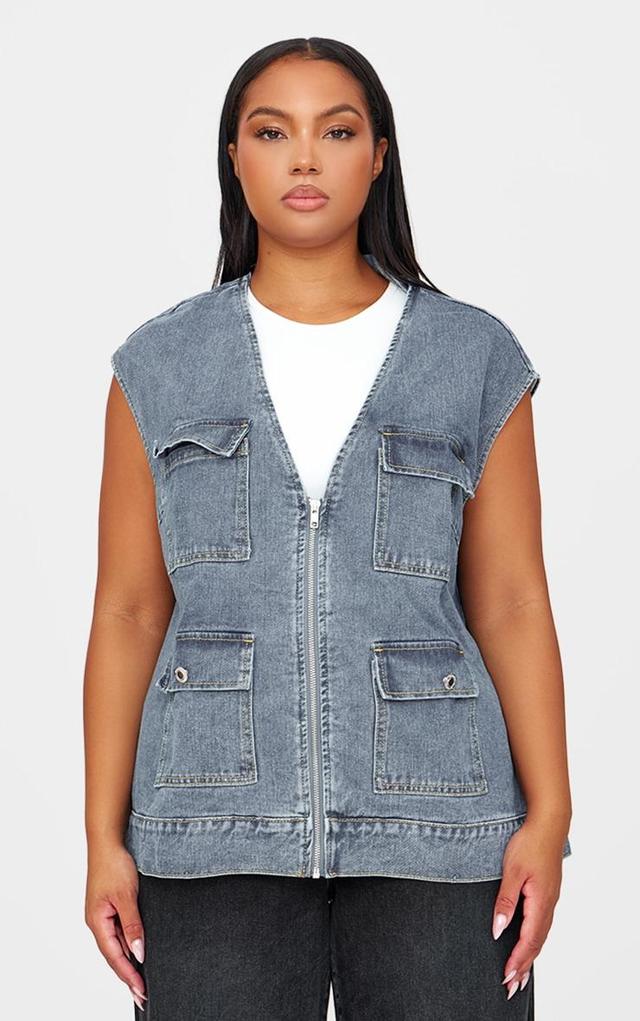 Plus Blue Zip Up Denim Cargo Vest Product Image